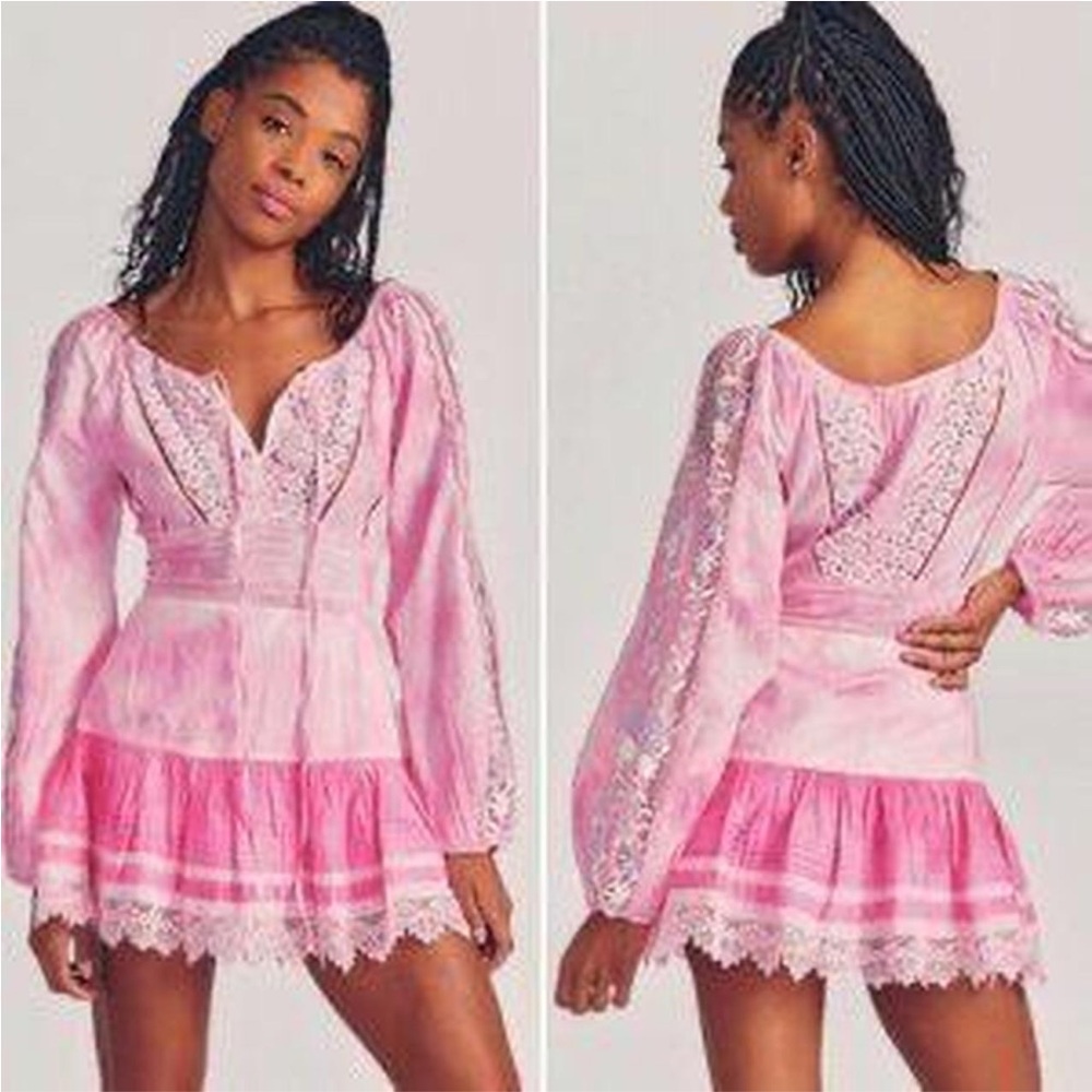 LoveShackFancy Chelie Pink Embroidered Mini Dress